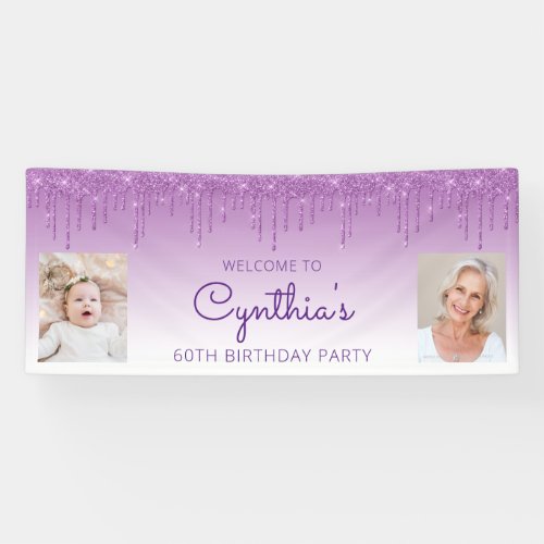 Purple Dripping Glitter Two Photo 60th Birthday Banner