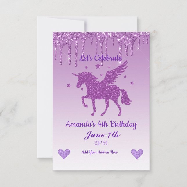 Purple Dripping Glitter Unicorn Invitation (Front)