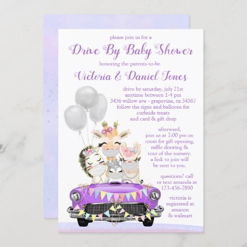 Purple Drive By Baby Shower Cute Animals in Car Invitation