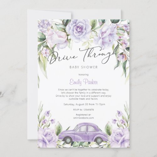 Purple Drive Through Watercolor Floral Baby Shower Invitation