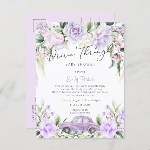 Purple Drive Through Watercolor Floral Baby Shower Invitation Postcard