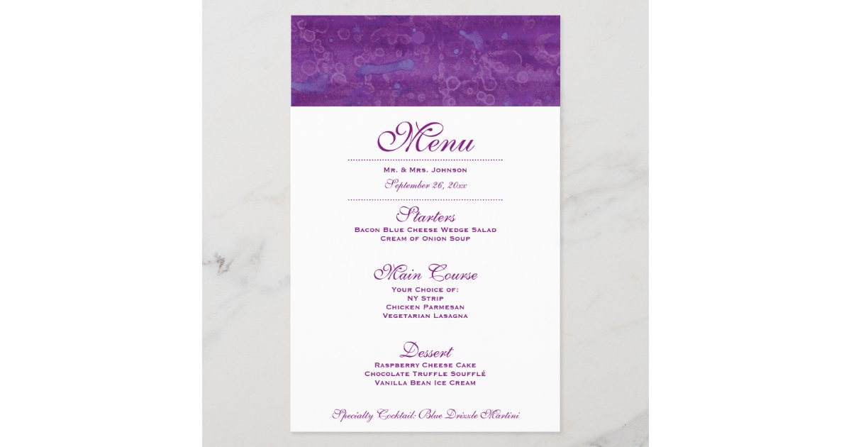 Purple Drizzle Wedding Dinner Menu Zazzle