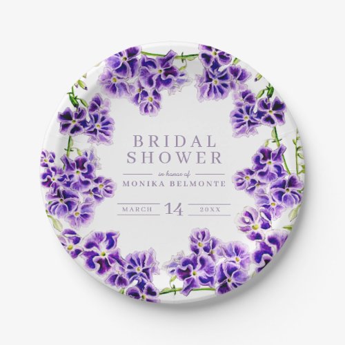 Purple duranta watercolor flower bridal shower paper plates