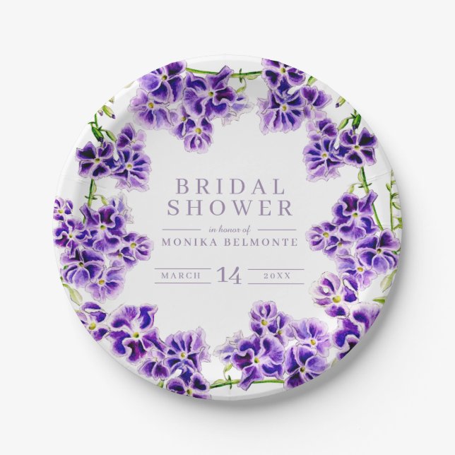 Purple duranta watercolor flower bridal shower paper plates (Front)