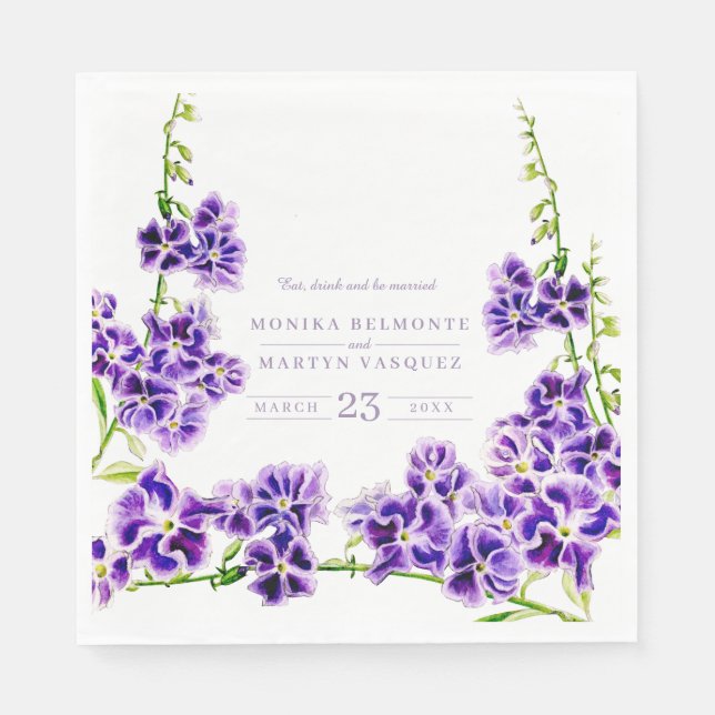 Purple duranta watercolor flower wedding napkins (Front)