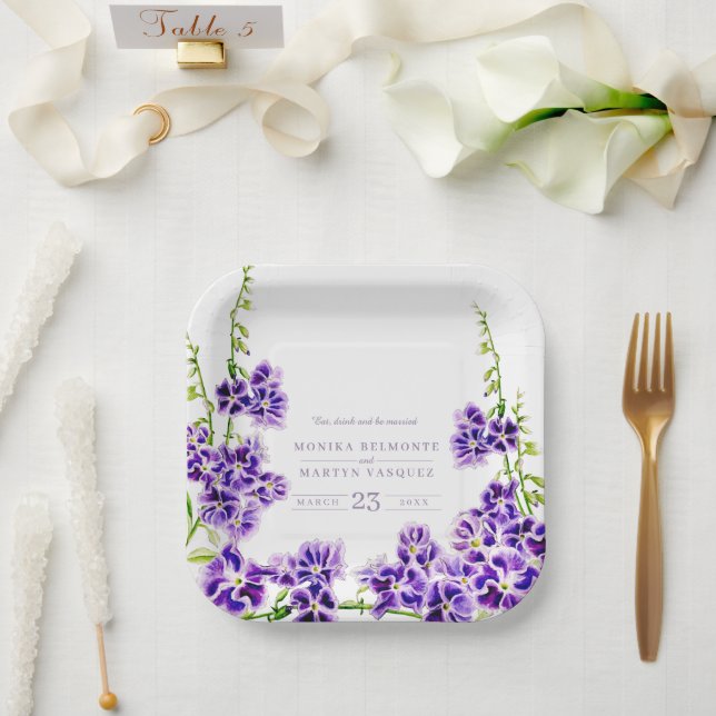 Purple duranta watercolor flower wedding paper plates (Wedding)