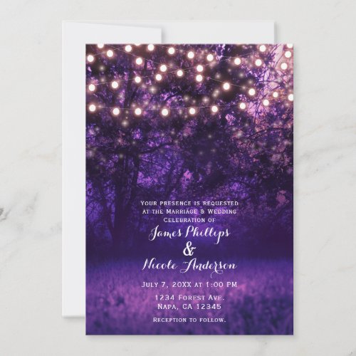 Purple Dusk String Lights Forest Rustic Wedding Invitation
