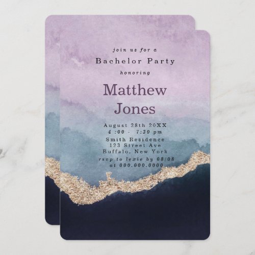 Purple Dusty Blue Agate Gold Bachelor Party Invitation