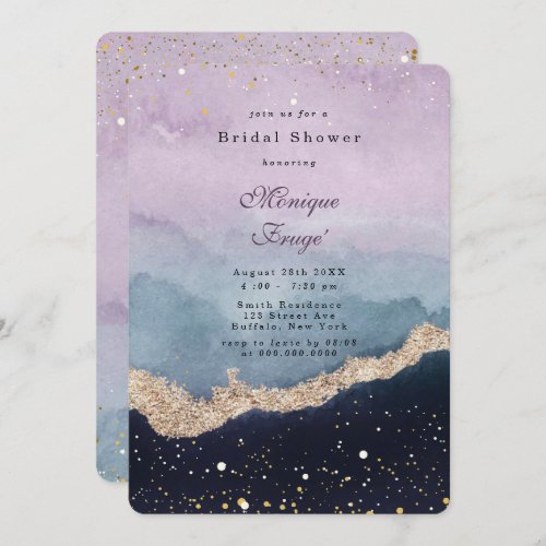 Purple Dusty Blue Agate Gold Bridal Shower Invitation