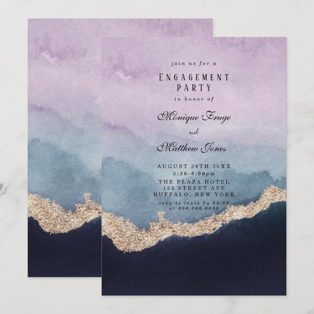 Purple Dusty Blue Agate Gold Engagement Party Invitation (Front/Back)