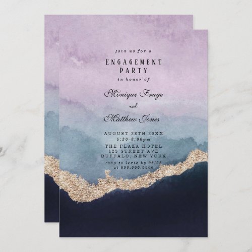 Purple Dusty Blue Agate Gold Engagement Party Invitation