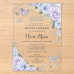 Purple Dusty Blue Floral Butterflies Quinceañera Acrylic Invitations