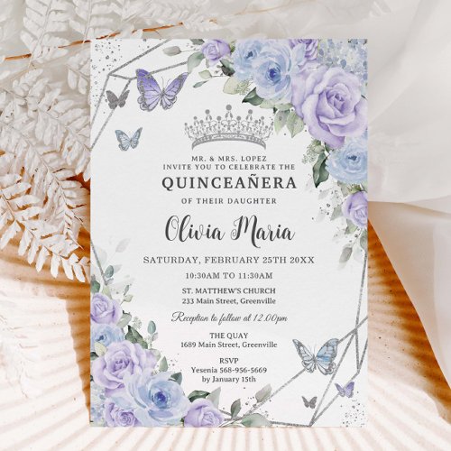 Purple Dusty Blue Floral Butterflies Quinceañera