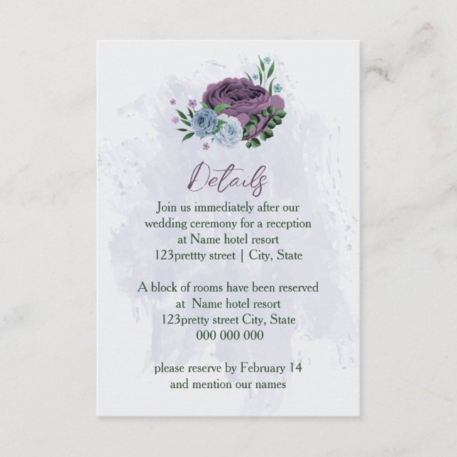 Purple dusty blue floral wedding details enclosure card (Front)