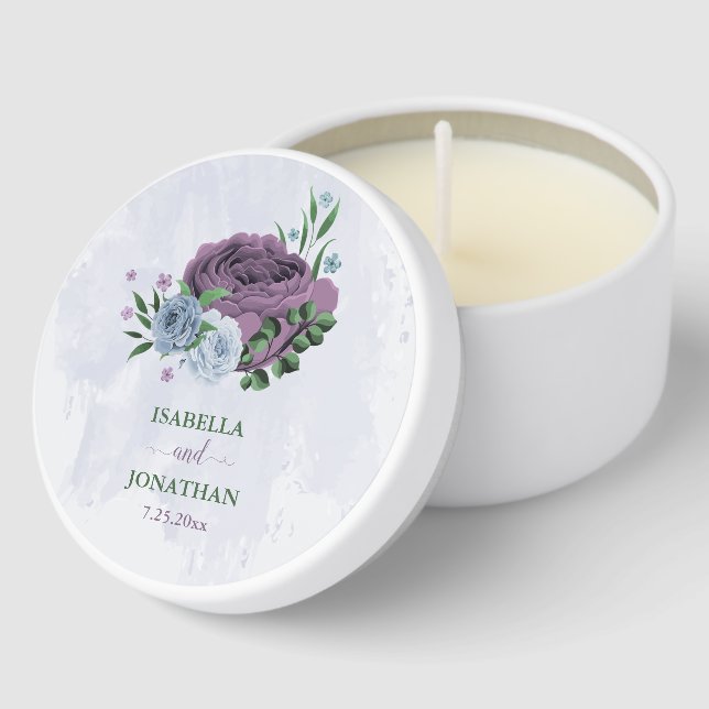 Purple dusty blue floral wedding mini candle favors (Corner)