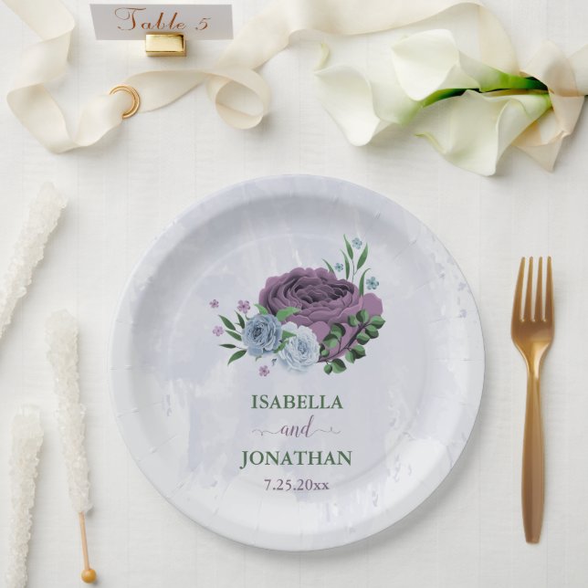 Purple dusty blue floral wedding paper plates (Wedding)