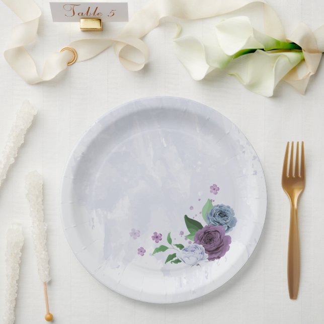 Purple dusty blue floral wedding paper plates (Wedding)