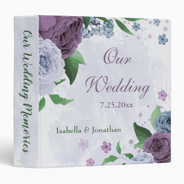 Purple dusty blue floral wedding photo album 3 ring binder (Front/Spine)