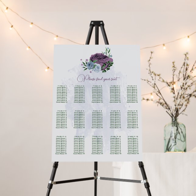 Purple dusty blue floral wedding seating chart foam board (In Situ (Stand))
