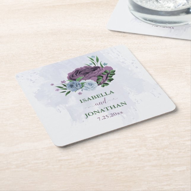 Purple dusty blue floral wedding square paper coaster (Angled)