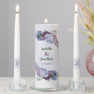 Purple dusty blue floral wedding unity candle set