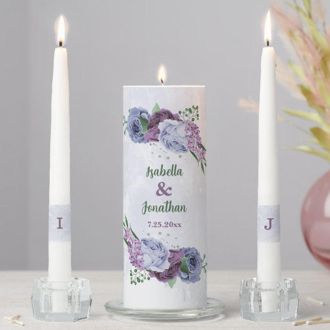 Purple dusty blue floral wedding unity candle set (In Situ)