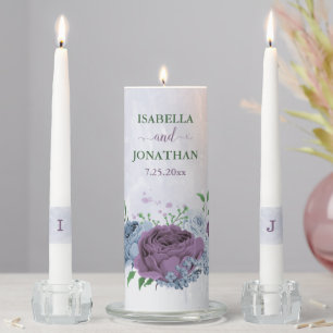 Purple dusty blue floral wedding unity candle set