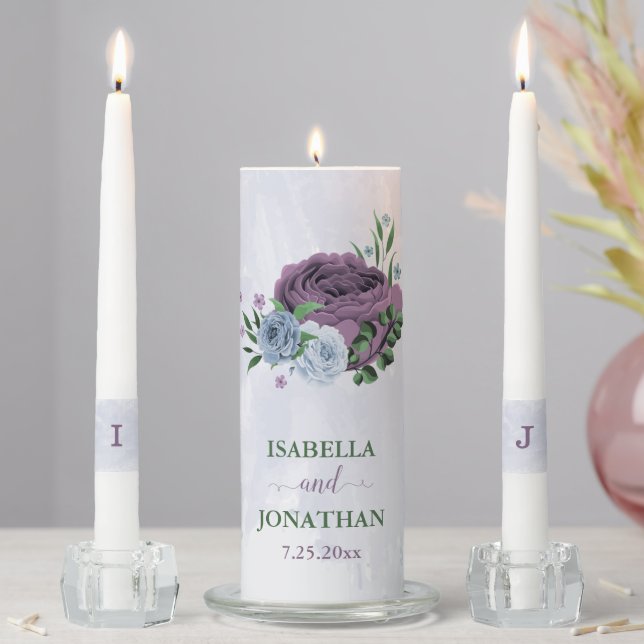 Purple dusty blue floral wedding unity candle set (In Situ)