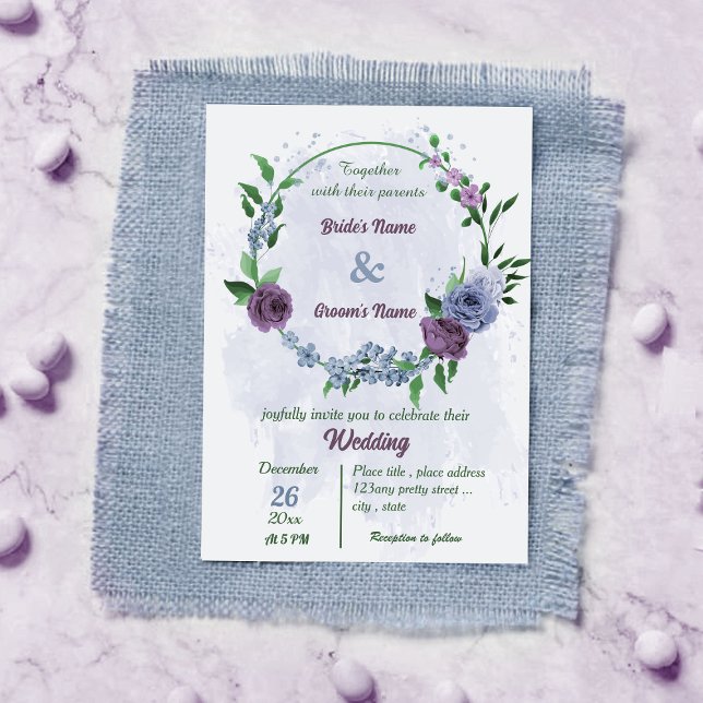 Purple dusty blue flowers green leaves wedding invitation (Creator Uploaded)