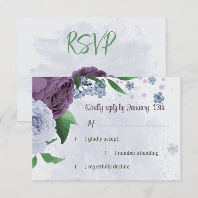 Purple dusty blue flowers green leaves wedding RSVP card (Front/Back)