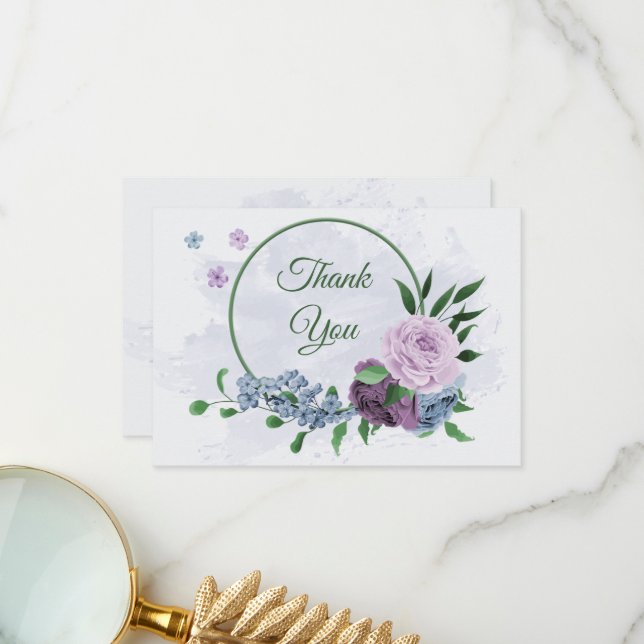 Purple dusty blue flowers green leaves wedding thank you card (Front/Back In Situ)