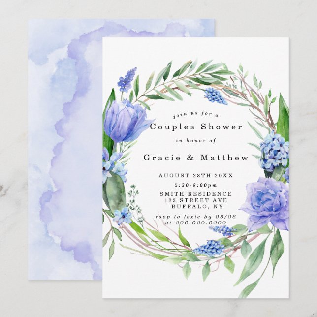 Purple Dusty Blue Hyacinth Couples Shower Invites (Front/Back)