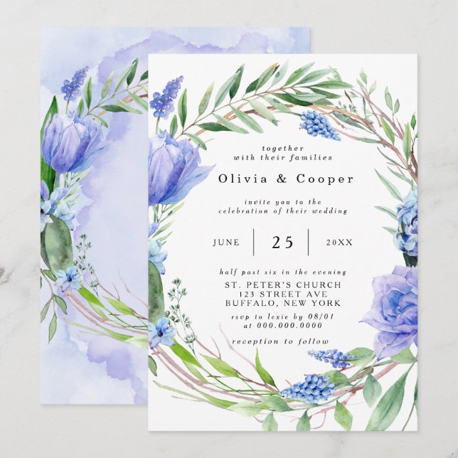 Purple Dusty Blue Hyacinth Peony Wreath Wedding Invitation (Front/Back)