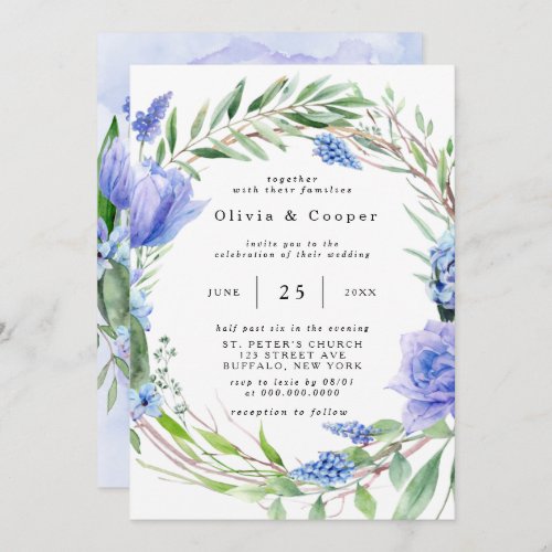 Purple Dusty Blue Hyacinth Peony Wreath Wedding Invitation