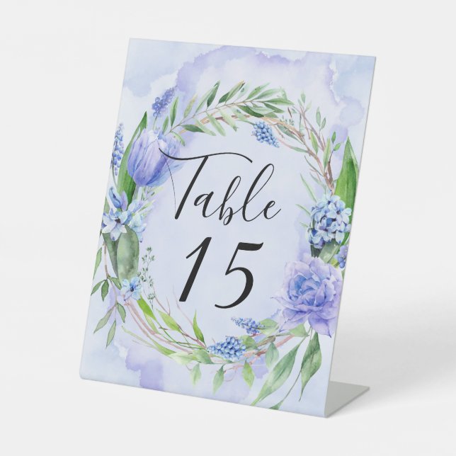 Purple Dusty Blue Hyacinth Wedding Table Number Pedestal Sign (Front)