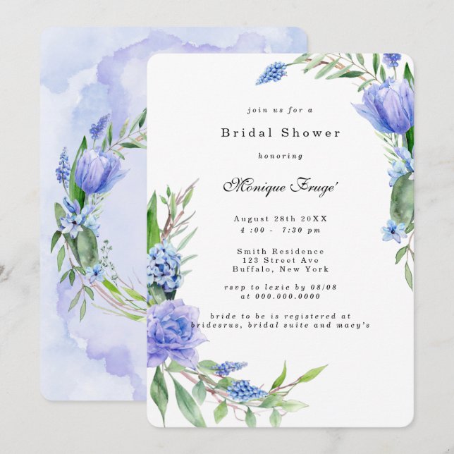 Purple Dusty Blue Hyacinths Peony Bridal Shower Invitation (Front/Back)