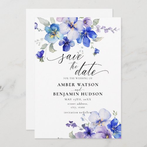 Purple Dusty Blue Lavender Floral Save The Date Invitation