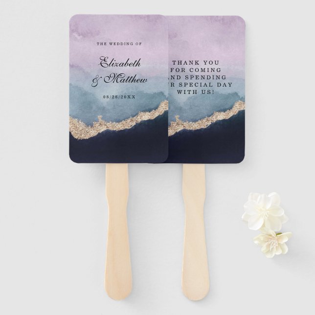 Purple Dusty Blue Navy Agate Gold Wedding Hand Fan (Front and Back)