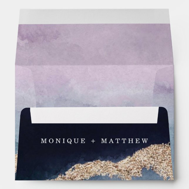 Purple Dusty Blue Watercolor Agate Custom Wedding Envelope (Back (Bottom))