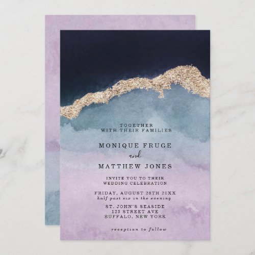 Purple Dusty Blue Watercolor Agate Gold Wedding In Invitation