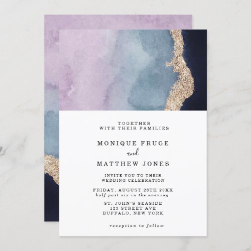 Purple Dusty Blue Watercolor Agate Gold Wedding Invitation