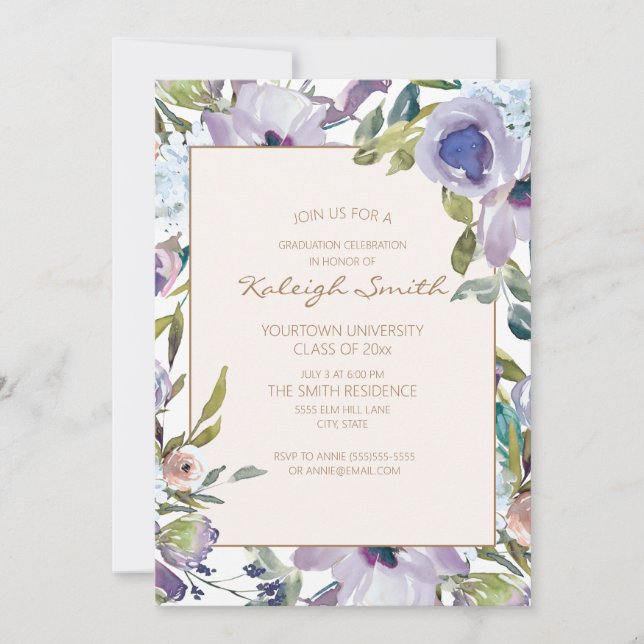 Purple Dusty Blue Watercolor Floral Graduation Invitation (Front)