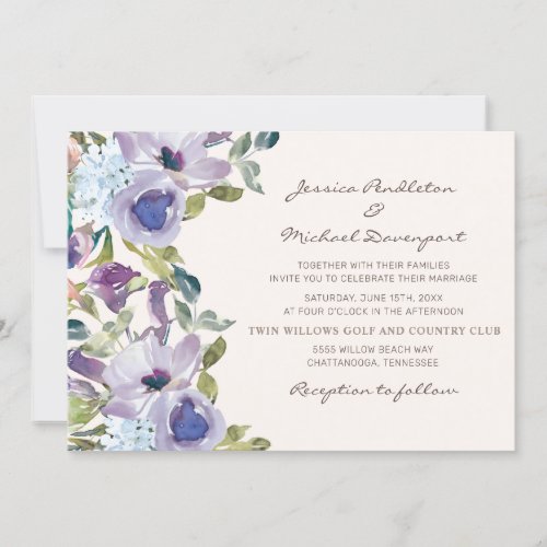 Purple Dusty Blue Watercolor Floral Wedding Invitation