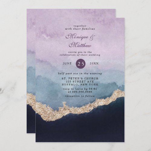 Purple Dusty Blue Watercolor Gold Agate Wedding Invitation