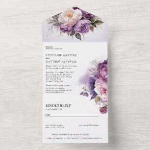 purple Dusty Blush Pink Floral Wedding All In One Invitation