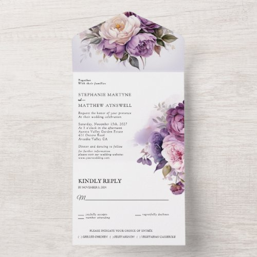 purple Dusty Blush Pink Floral Wedding  All In One Invitation