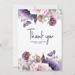 purple Dusty Blush Pink Floral Wedding  Thank You Card
