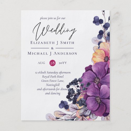 Purple Dynasty Dark Floral Budget Wedding Invites Flyer