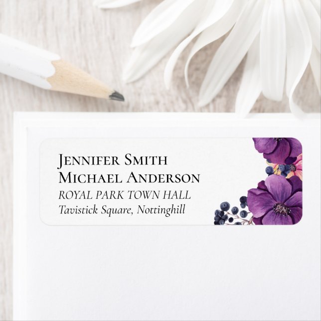 Purple Dynasty Dark Floral Budget Wedding Item Label (Insitu)