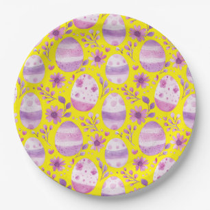 Purple Easter Egg and Flowers Pattern Yellow Paper Plates